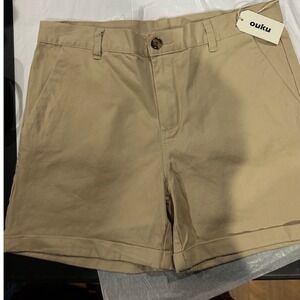 Ouku Mens Khaki Chino Shorts Tan Cotton Twill Cuffed Size Large NWT